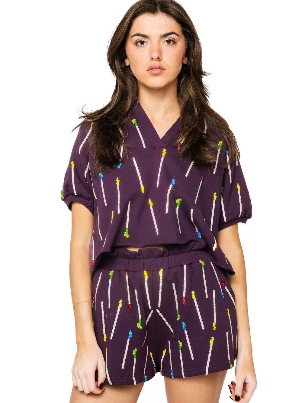 QUEEN OF SPARKLES Purple V-Neck Crop Top Multi-Color Matchstick Print Short Set